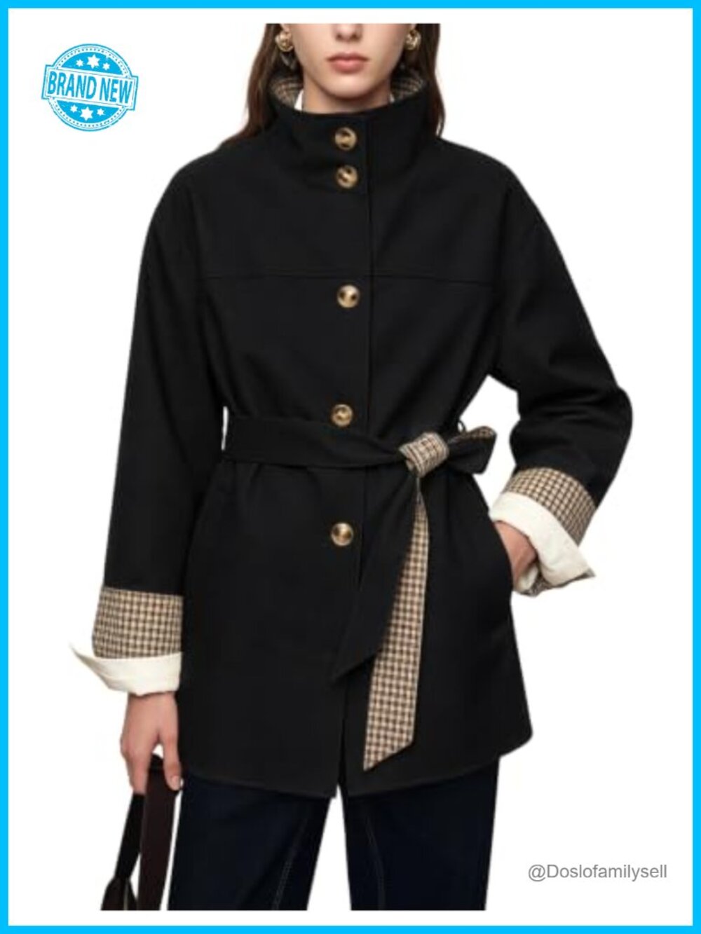 Belted Trench Coat Plaid Trim Lightweight Casual Jacket
